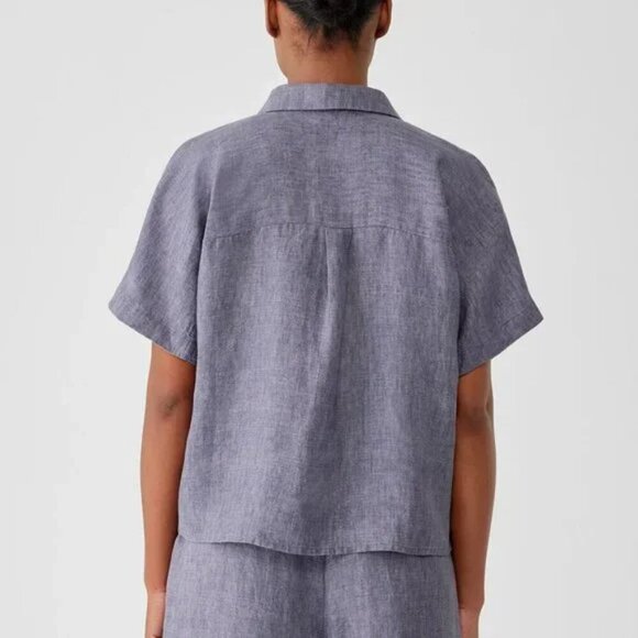 NWT Eileen Fisher | Striped Organic Linen Crinkle Short-Sleeve Shirt - Picture 11 of 11